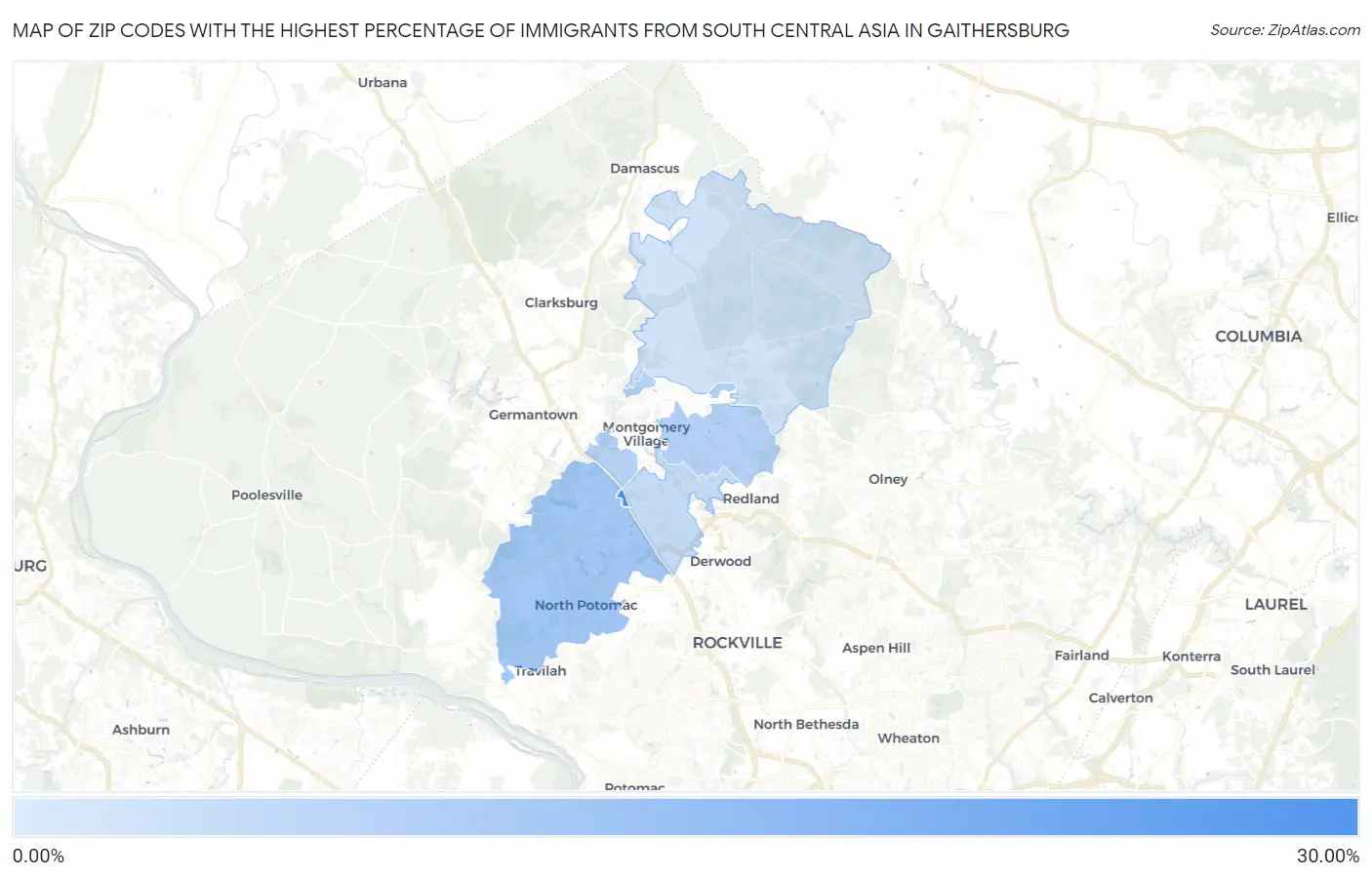 Zip Codes with the Highest Percentage of Immigrants from South Central Asia in Gaithersburg Map