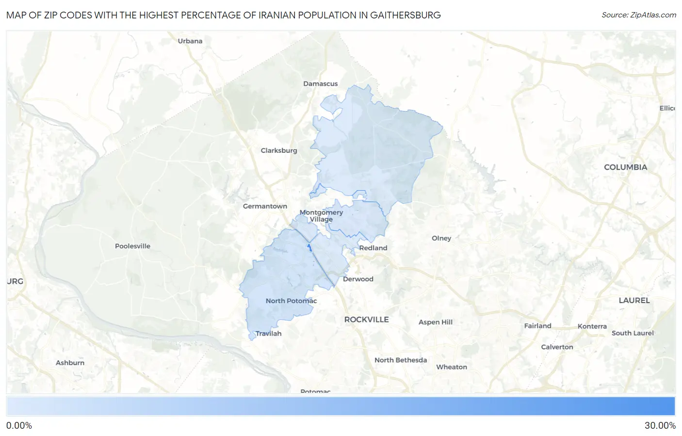 Zip Codes with the Highest Percentage of Iranian Population in Gaithersburg Map