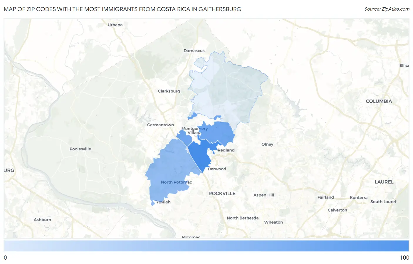 Zip Codes with the Most Immigrants from Costa Rica in Gaithersburg Map
