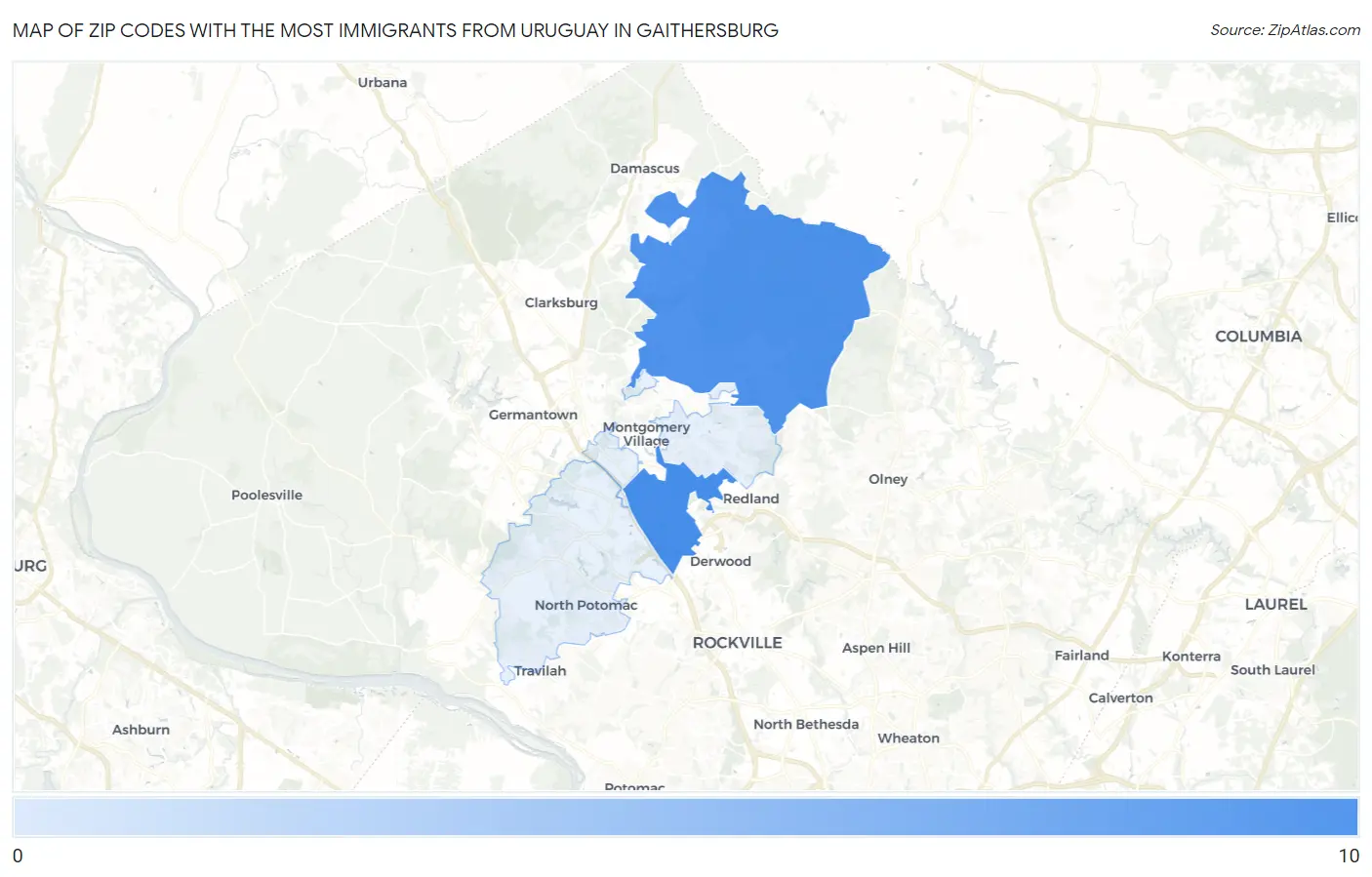 Zip Codes with the Most Immigrants from Uruguay in Gaithersburg Map