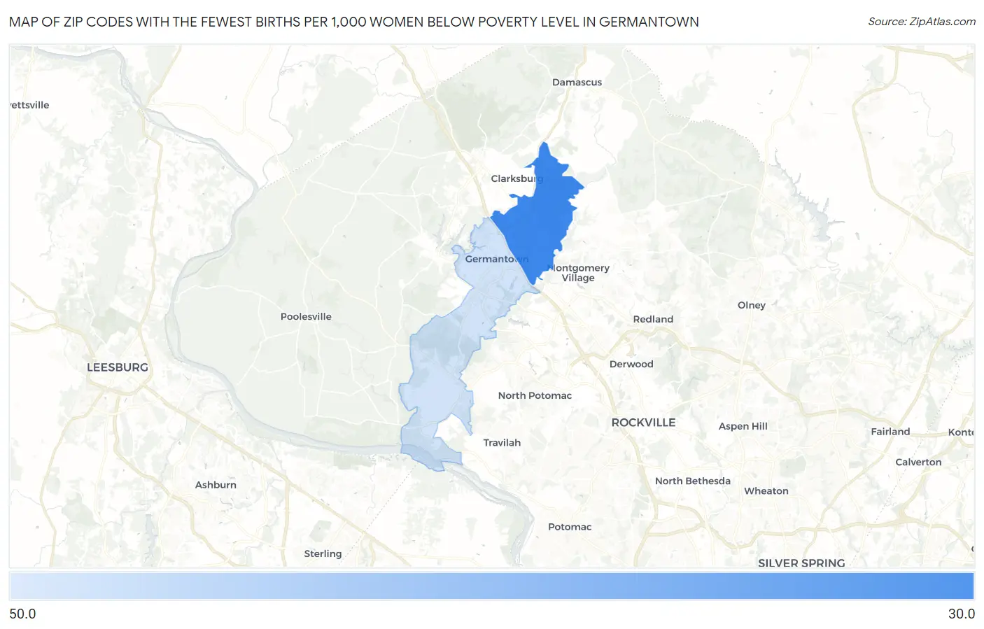 Zip Codes with the Fewest Births per 1,000 Women Below Poverty Level in Germantown Map