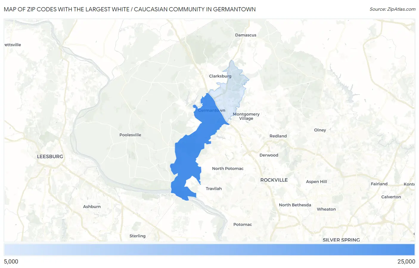 Zip Codes with the Largest White / Caucasian Community in Germantown Map
