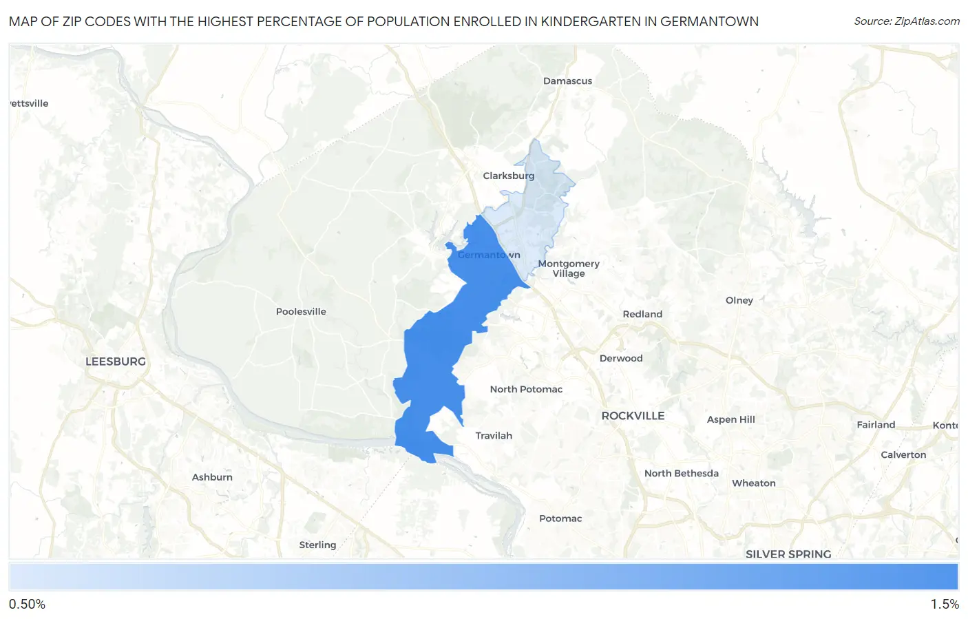 Zip Codes with the Highest Percentage of Population Enrolled in Kindergarten in Germantown Map