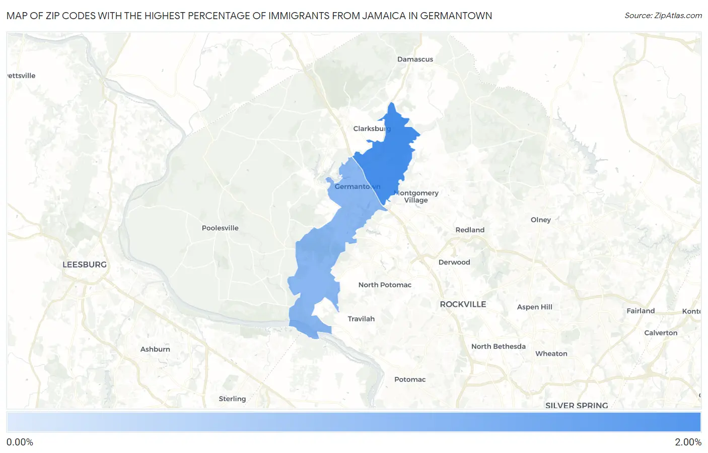 Zip Codes with the Highest Percentage of Immigrants from Jamaica in Germantown Map