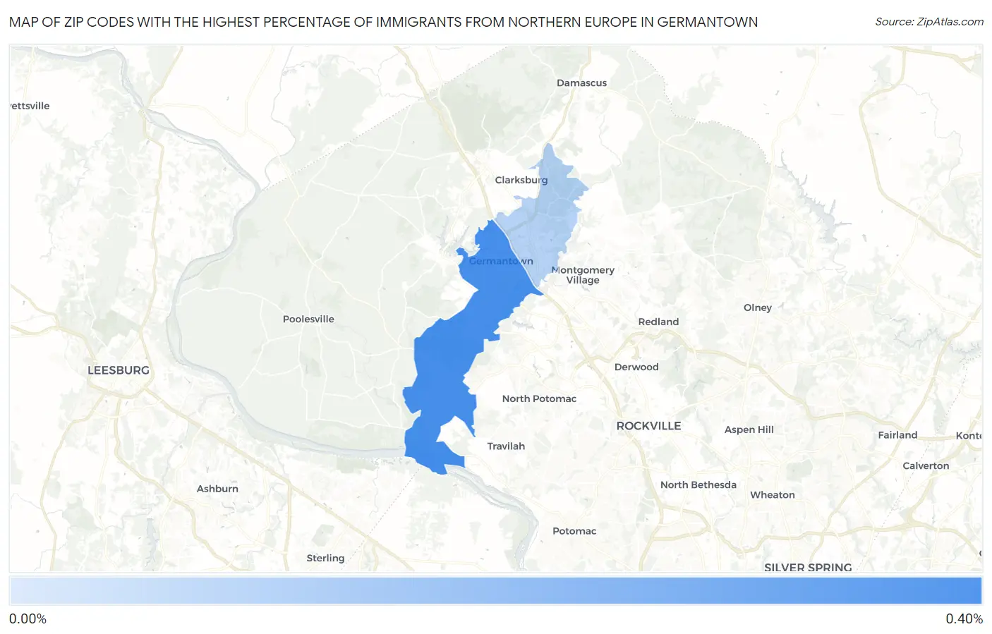 Zip Codes with the Highest Percentage of Immigrants from Northern Europe in Germantown Map