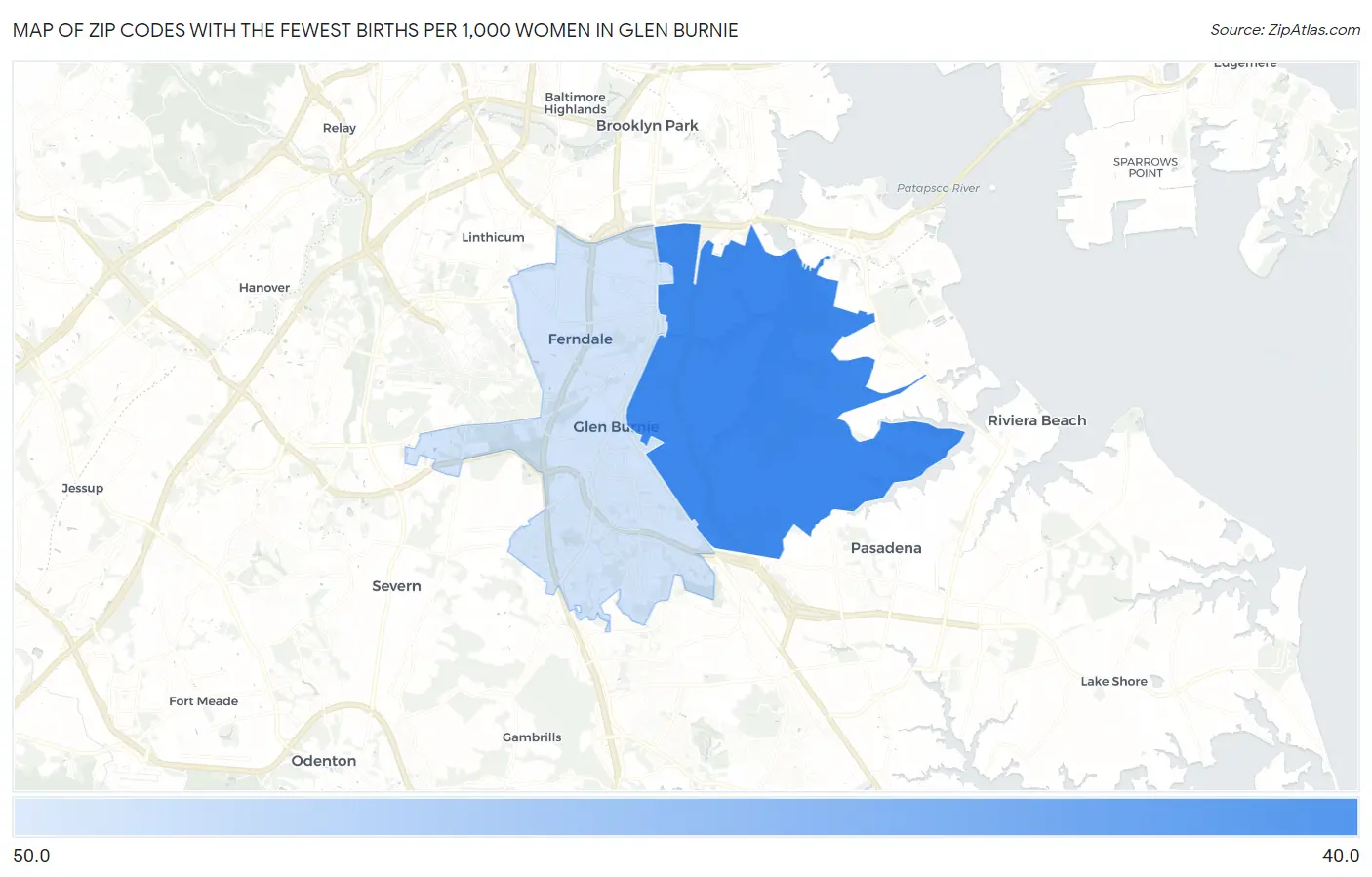 Zip Codes with the Fewest Births per 1,000 Women in Glen Burnie Map