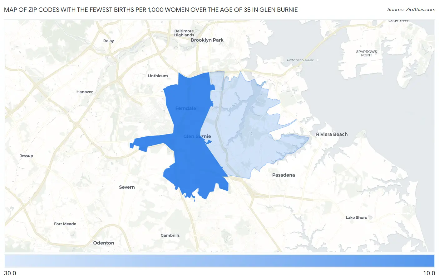 Zip Codes with the Fewest Births per 1,000 Women Over the Age of 35 in Glen Burnie Map