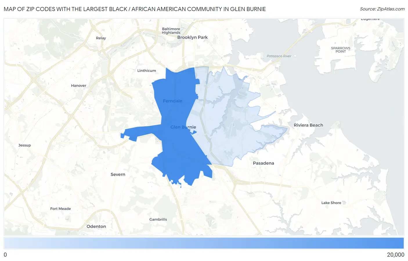 Zip Codes with the Largest Black / African American Community in Glen Burnie Map