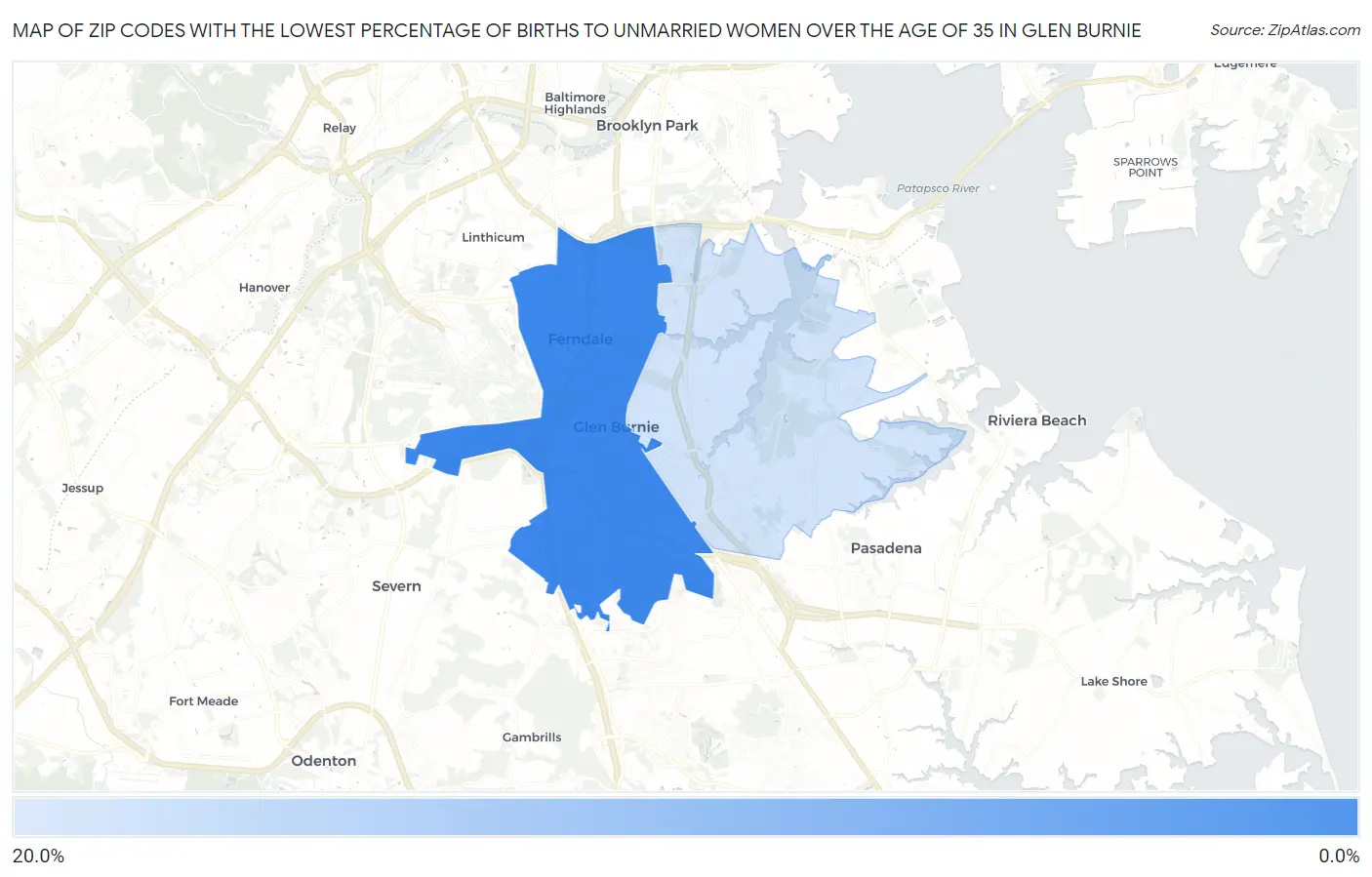 Zip Codes with the Lowest Percentage of Births to Unmarried Women over the Age of 35 in Glen Burnie Map
