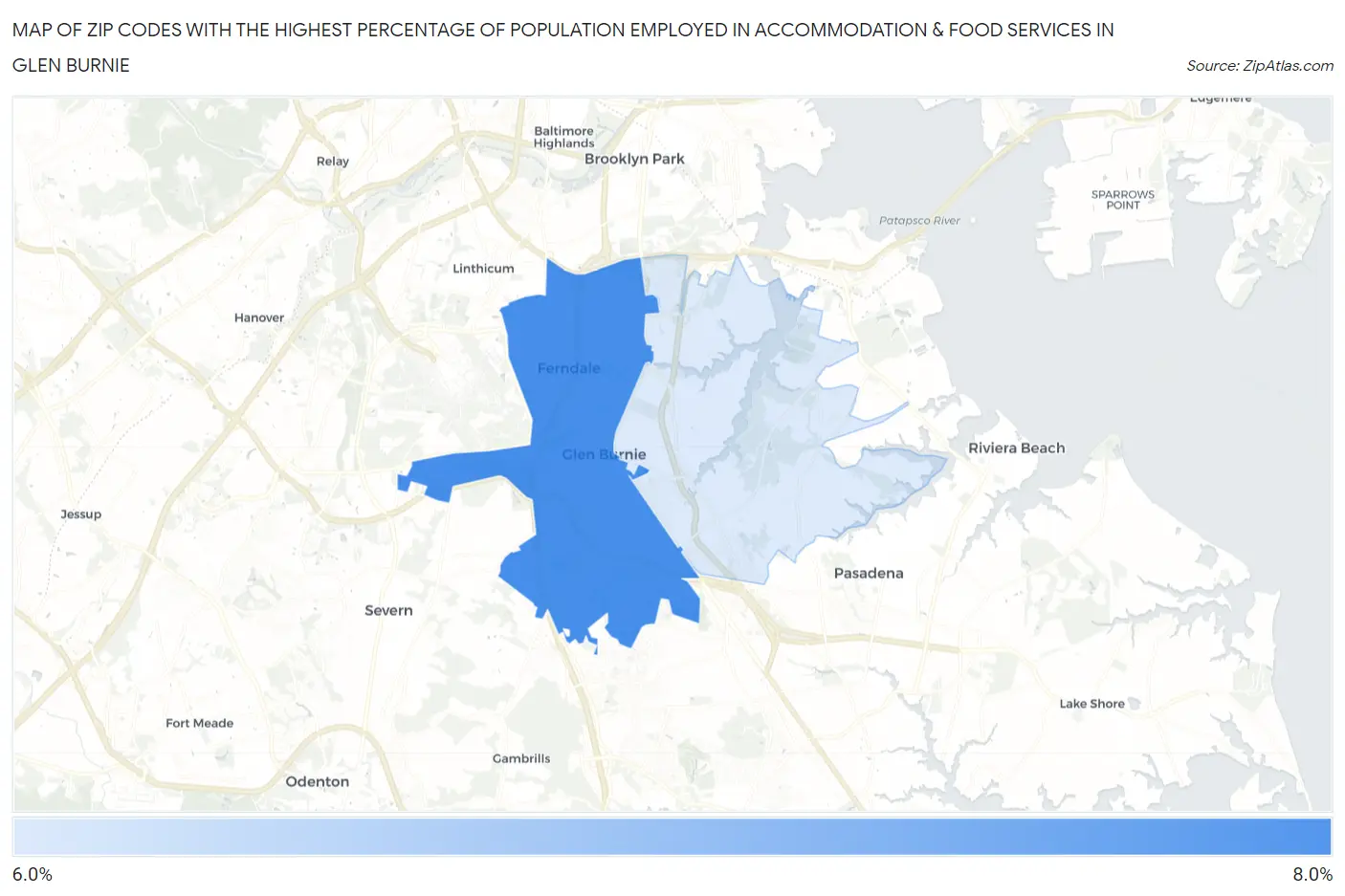Zip Codes with the Highest Percentage of Population Employed in Accommodation & Food Services in Glen Burnie Map