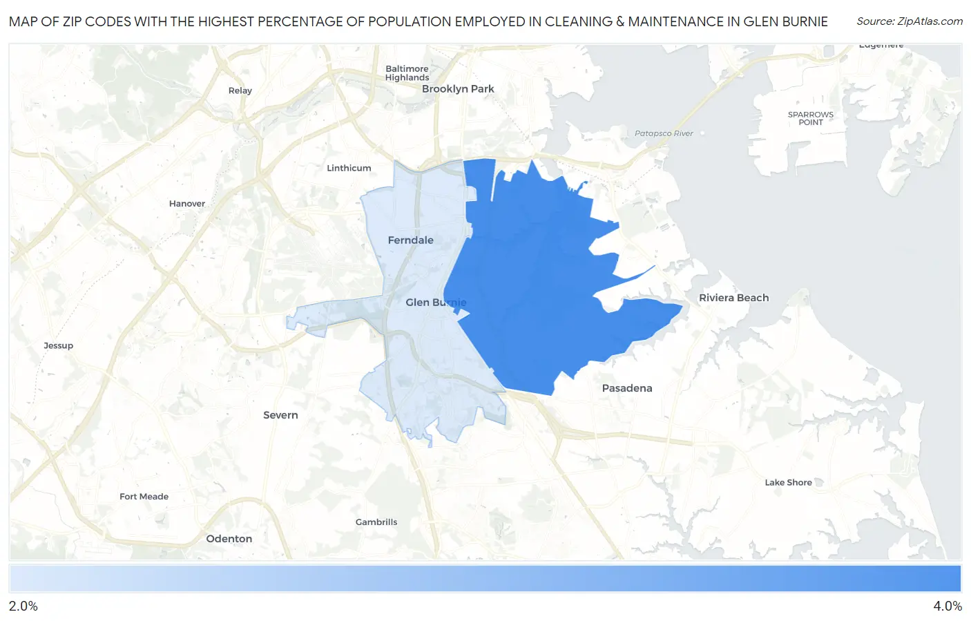 Zip Codes with the Highest Percentage of Population Employed in Cleaning & Maintenance in Glen Burnie Map