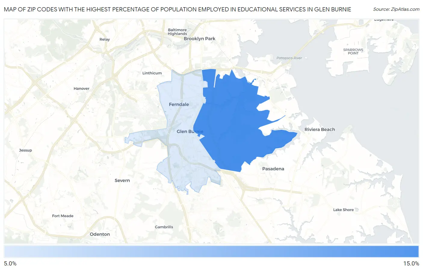 Zip Codes with the Highest Percentage of Population Employed in Educational Services in Glen Burnie Map