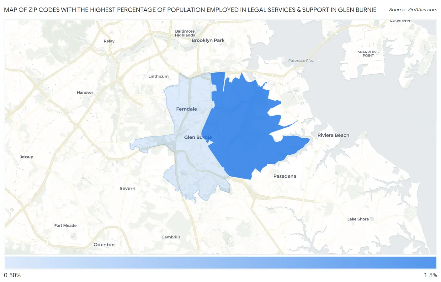 Zip Codes with the Highest Percentage of Population Employed in Legal Services & Support in Glen Burnie Map