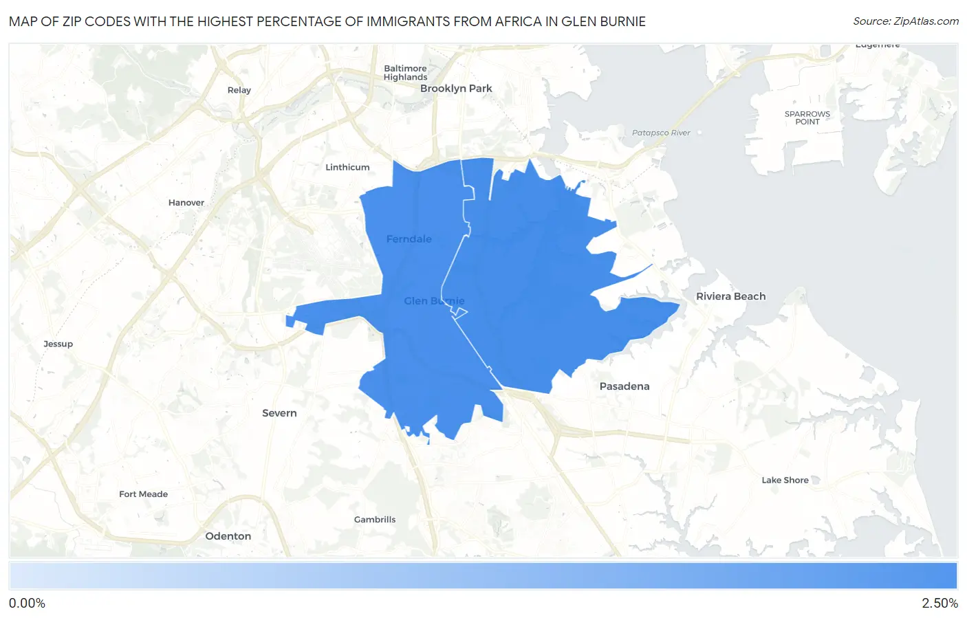 Zip Codes with the Highest Percentage of Immigrants from Africa in Glen Burnie Map