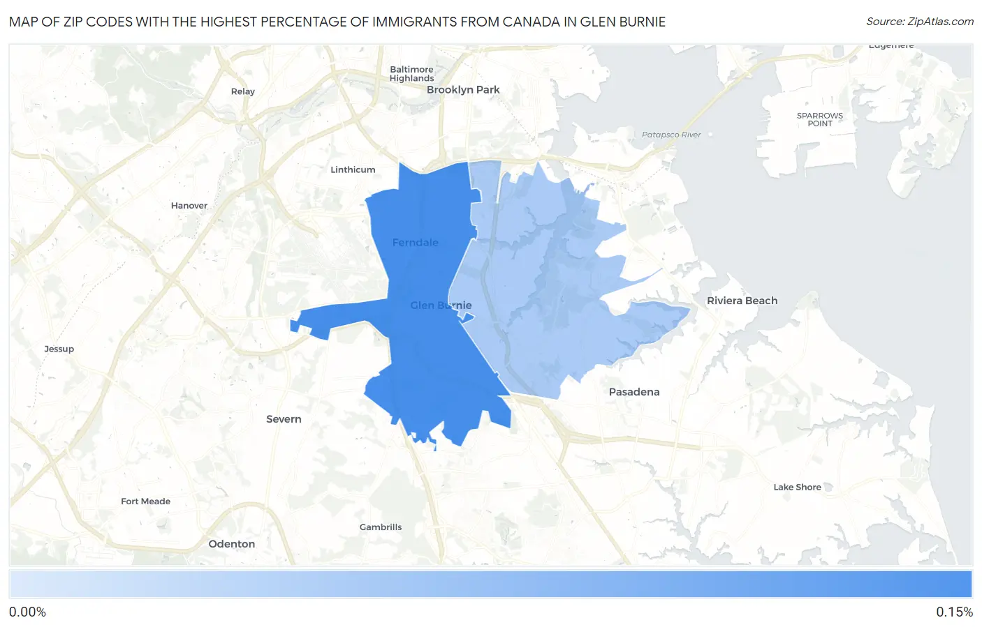 Zip Codes with the Highest Percentage of Immigrants from Canada in Glen Burnie Map