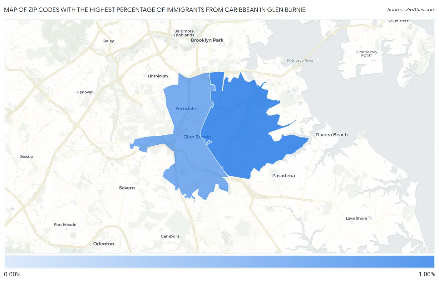 Zip Codes with the Highest Percentage of Immigrants from Caribbean in Glen Burnie Map