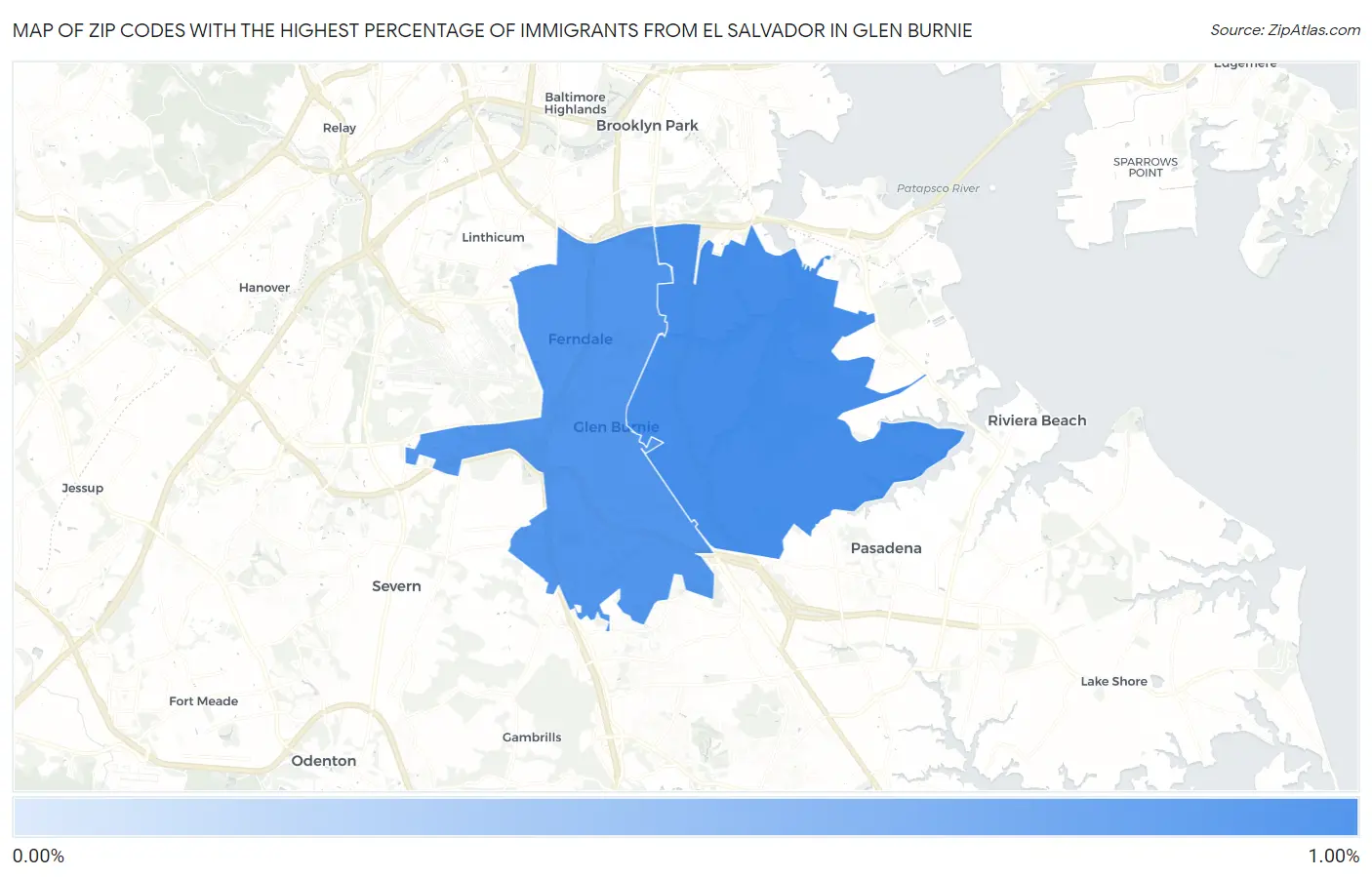 Zip Codes with the Highest Percentage of Immigrants from El Salvador in Glen Burnie Map