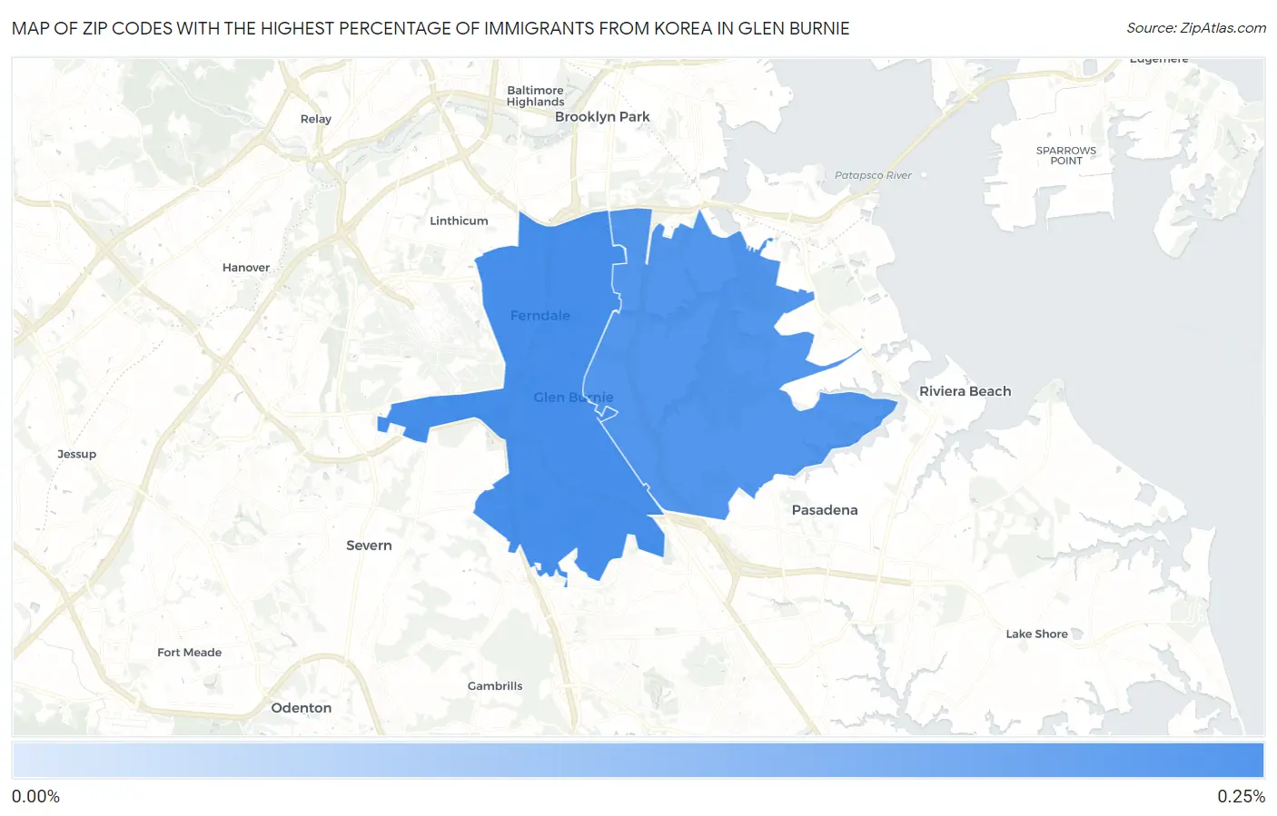 Zip Codes with the Highest Percentage of Immigrants from Korea in Glen Burnie Map