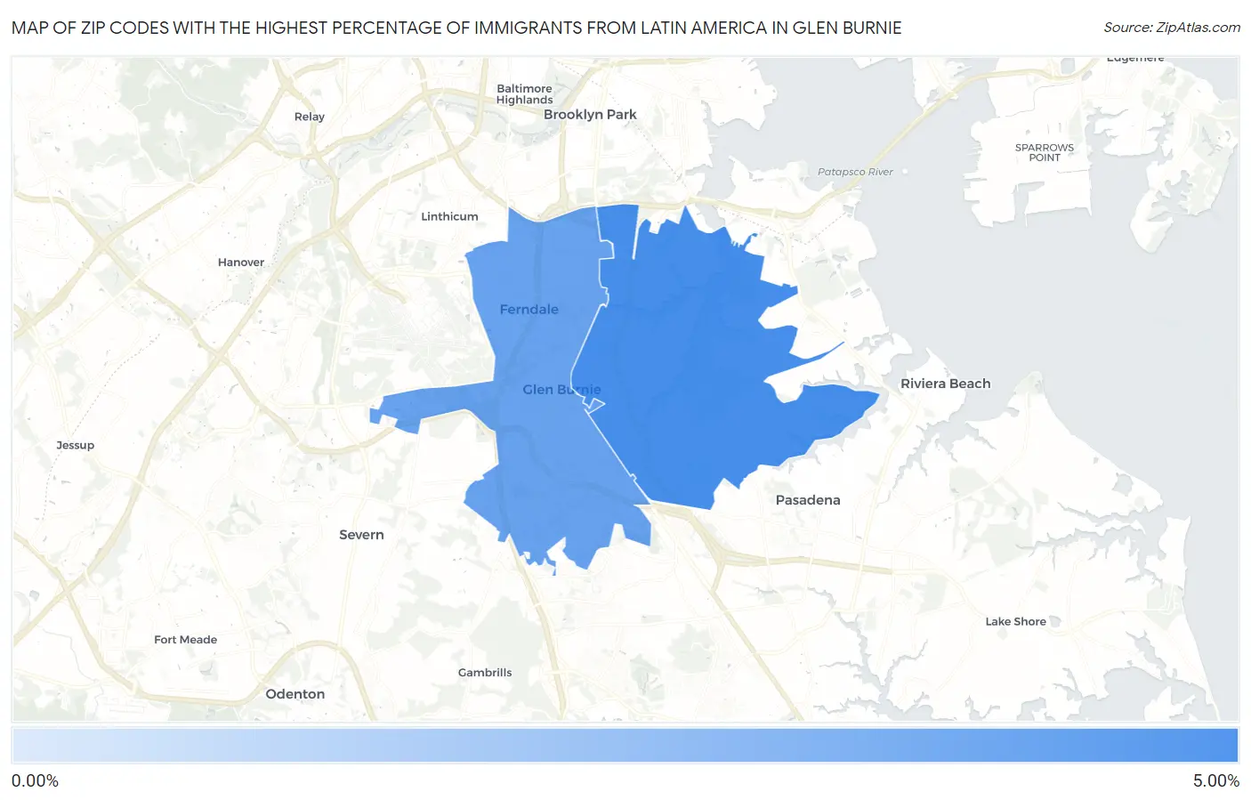 Zip Codes with the Highest Percentage of Immigrants from Latin America in Glen Burnie Map