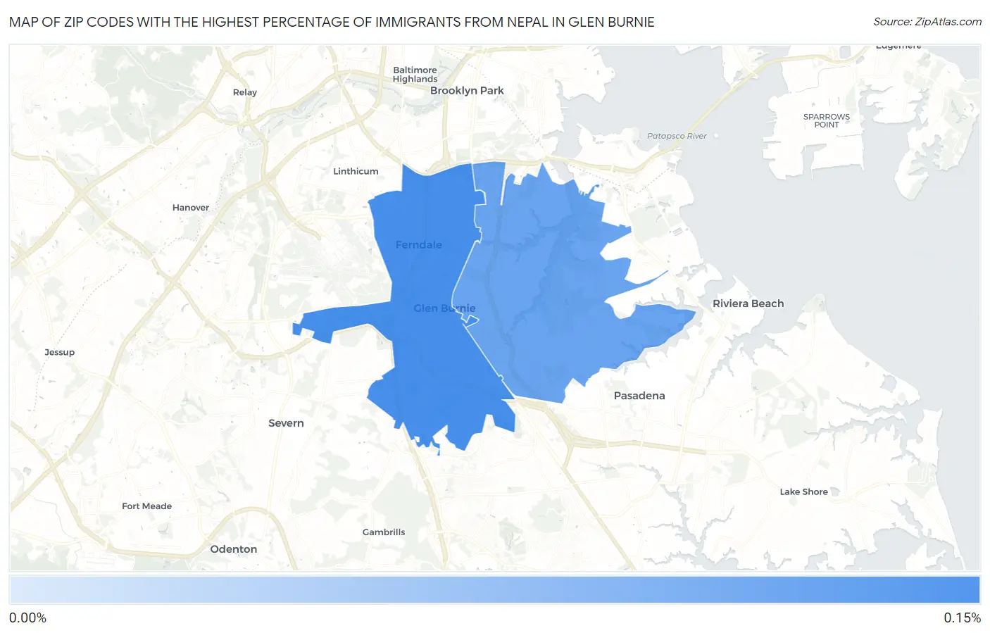 Zip Codes with the Highest Percentage of Immigrants from Nepal in Glen Burnie Map