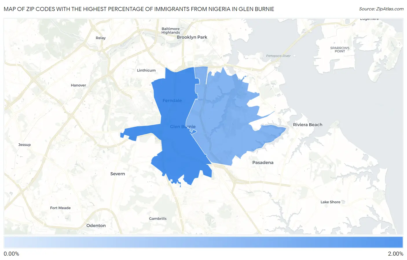Zip Codes with the Highest Percentage of Immigrants from Nigeria in Glen Burnie Map
