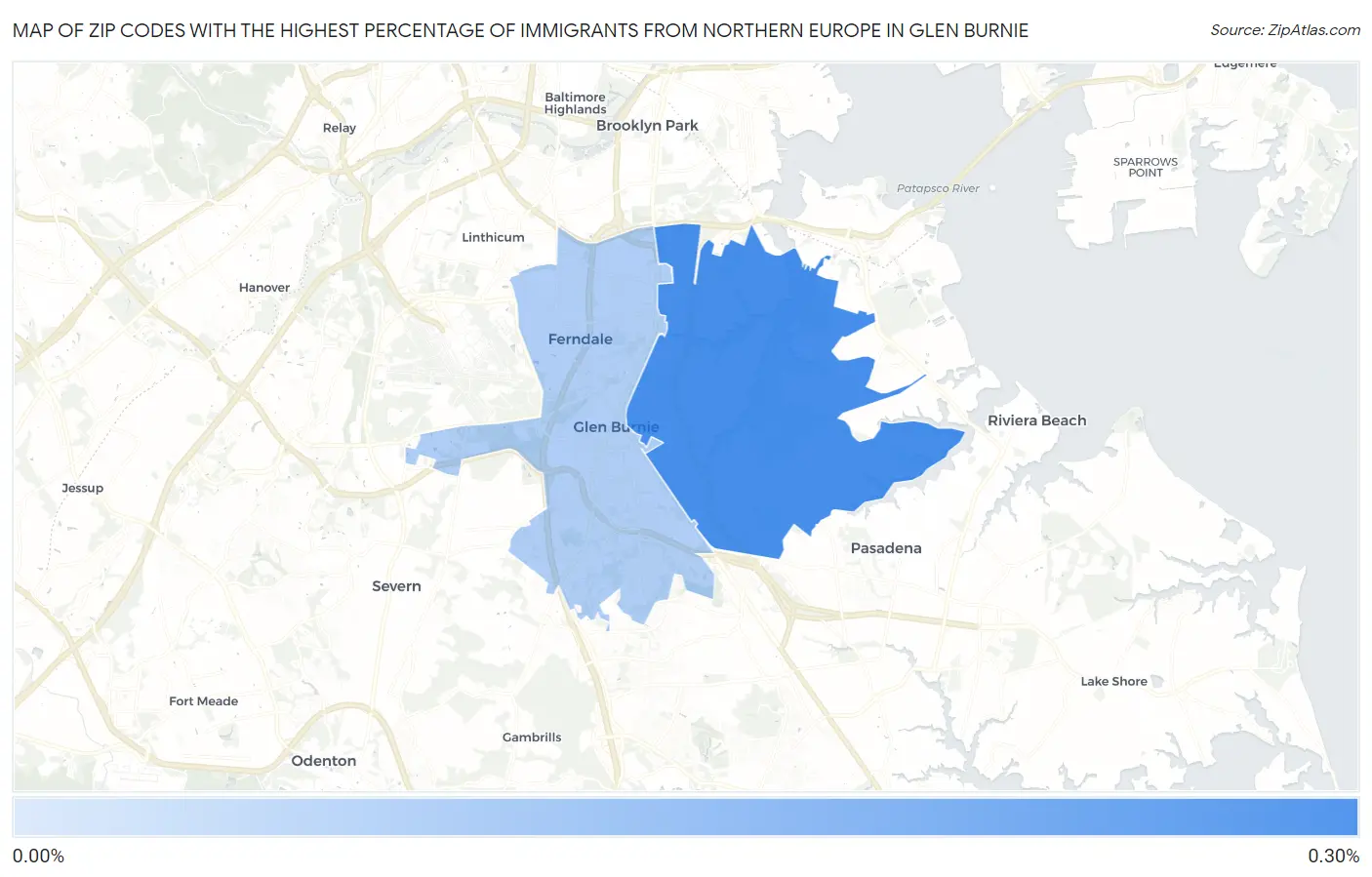 Zip Codes with the Highest Percentage of Immigrants from Northern Europe in Glen Burnie Map