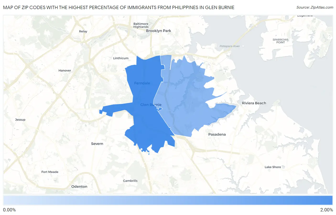 Zip Codes with the Highest Percentage of Immigrants from Philippines in Glen Burnie Map