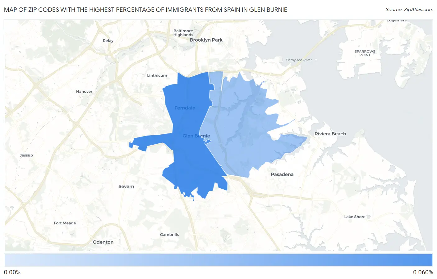 Zip Codes with the Highest Percentage of Immigrants from Spain in Glen Burnie Map