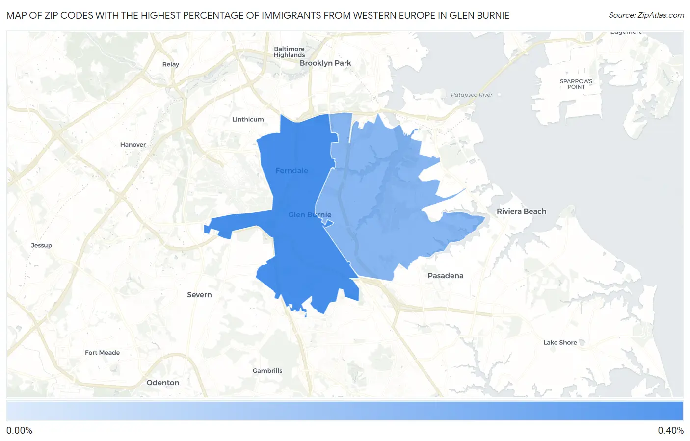 Zip Codes with the Highest Percentage of Immigrants from Western Europe in Glen Burnie Map