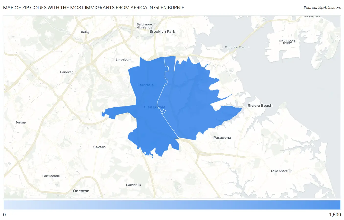 Zip Codes with the Most Immigrants from Africa in Glen Burnie Map