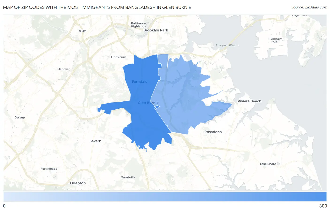 Zip Codes with the Most Immigrants from Bangladesh in Glen Burnie Map