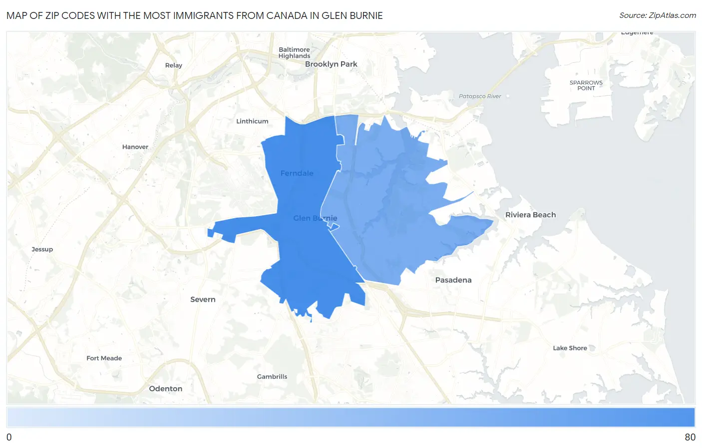 Zip Codes with the Most Immigrants from Canada in Glen Burnie Map