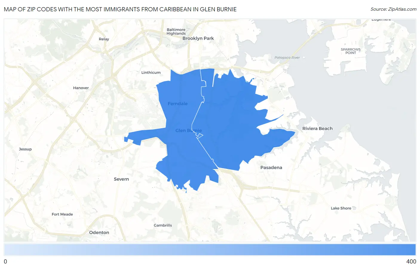 Zip Codes with the Most Immigrants from Caribbean in Glen Burnie Map