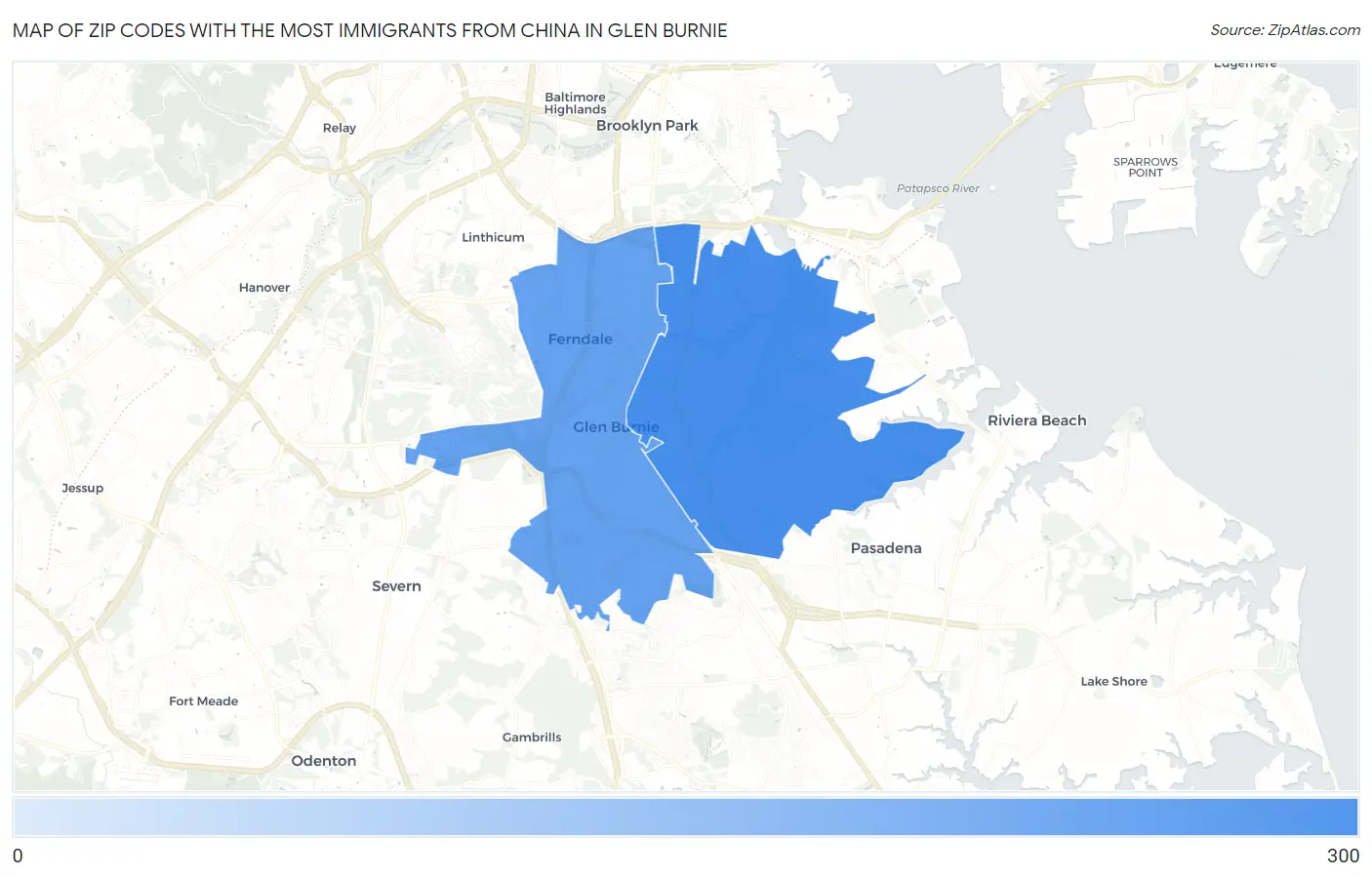 Zip Codes with the Most Immigrants from China in Glen Burnie Map
