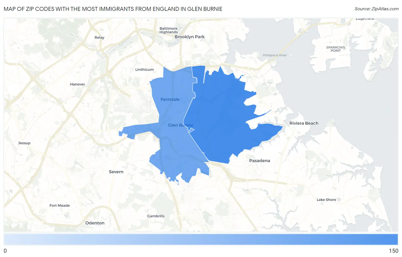 Zip Codes with the Most Immigrants from England in Glen Burnie Map