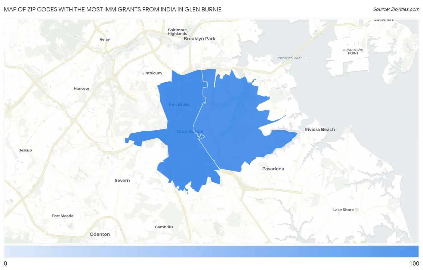 Zip Codes with the Most Immigrants from India in Glen Burnie Map