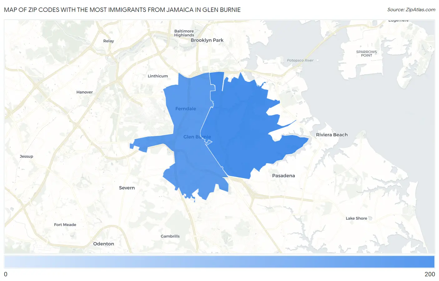 Zip Codes with the Most Immigrants from Jamaica in Glen Burnie Map