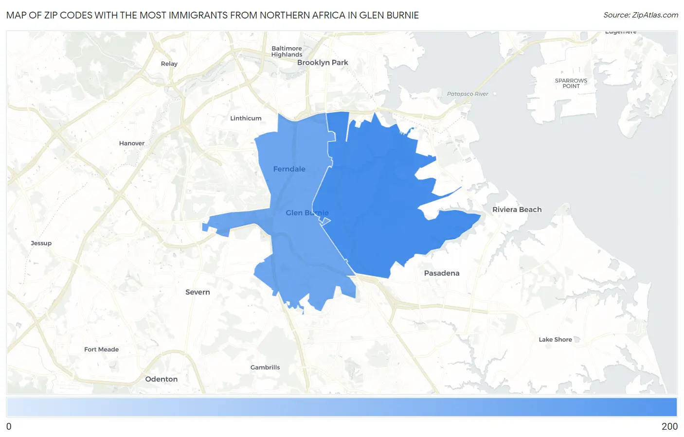 Zip Codes with the Most Immigrants from Northern Africa in Glen Burnie Map