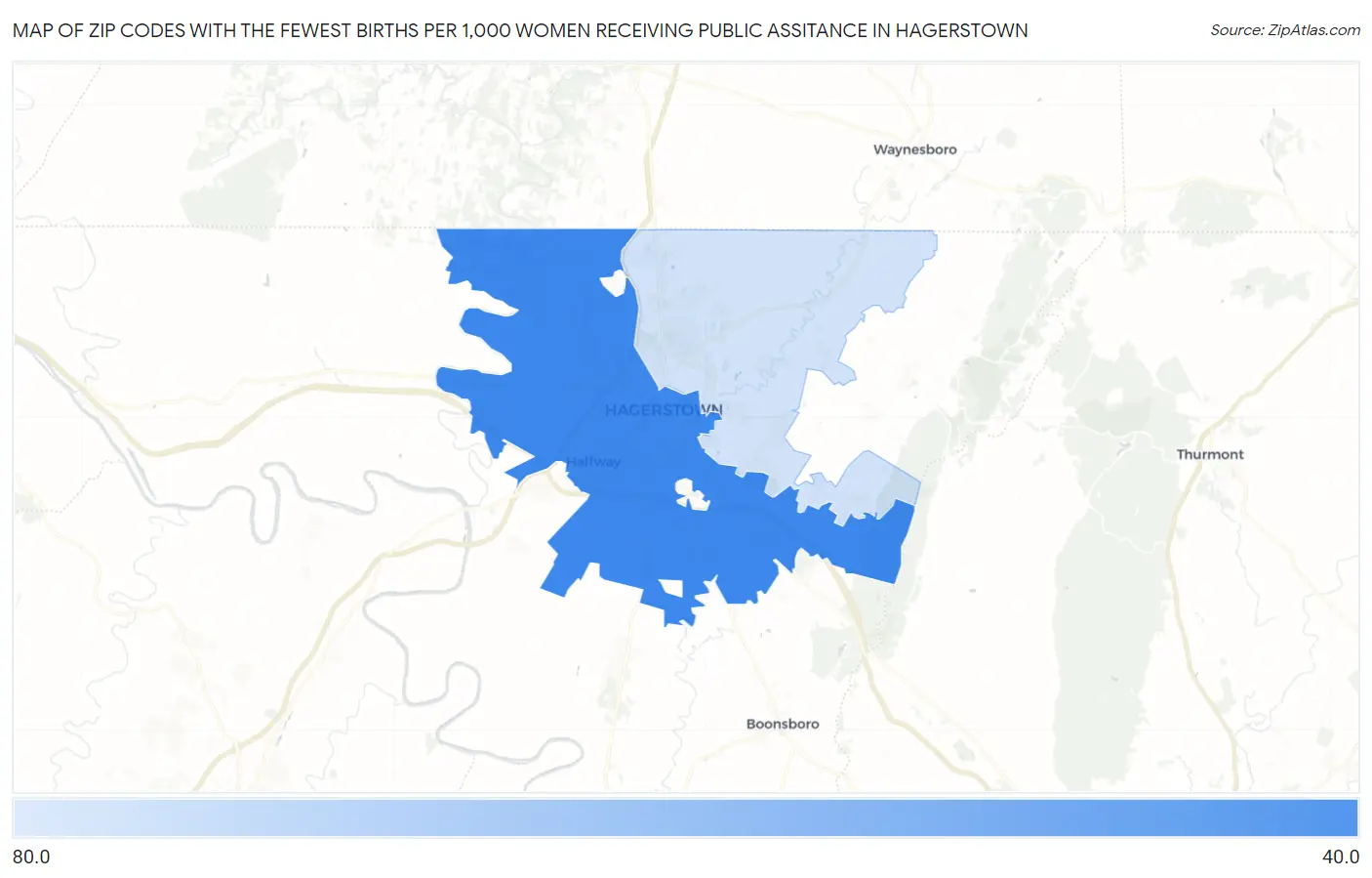 Zip Codes with the Fewest Births per 1,000 Women Receiving Public Assitance in Hagerstown Map