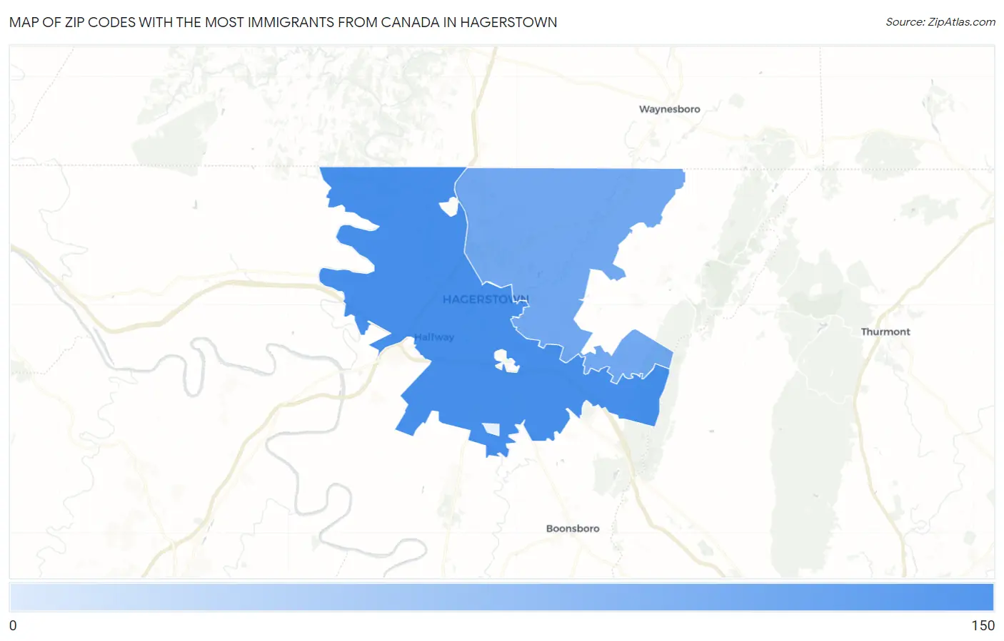 Zip Codes with the Most Immigrants from Canada in Hagerstown Map