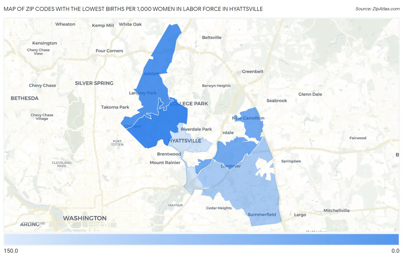 Zip Codes with the Lowest Births per 1,000 Women in Labor Force in Hyattsville Map