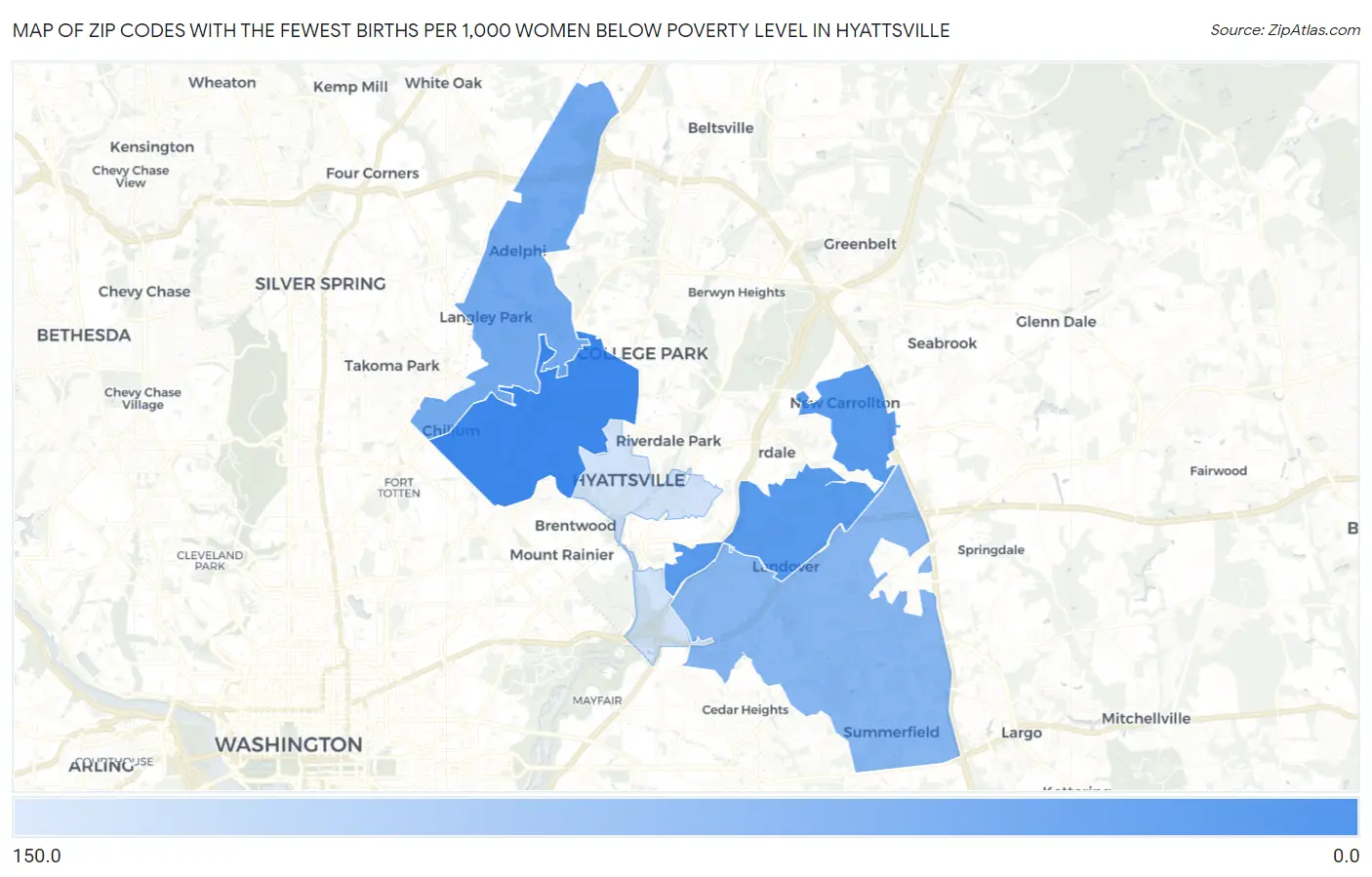 Zip Codes with the Fewest Births per 1,000 Women Below Poverty Level in Hyattsville Map