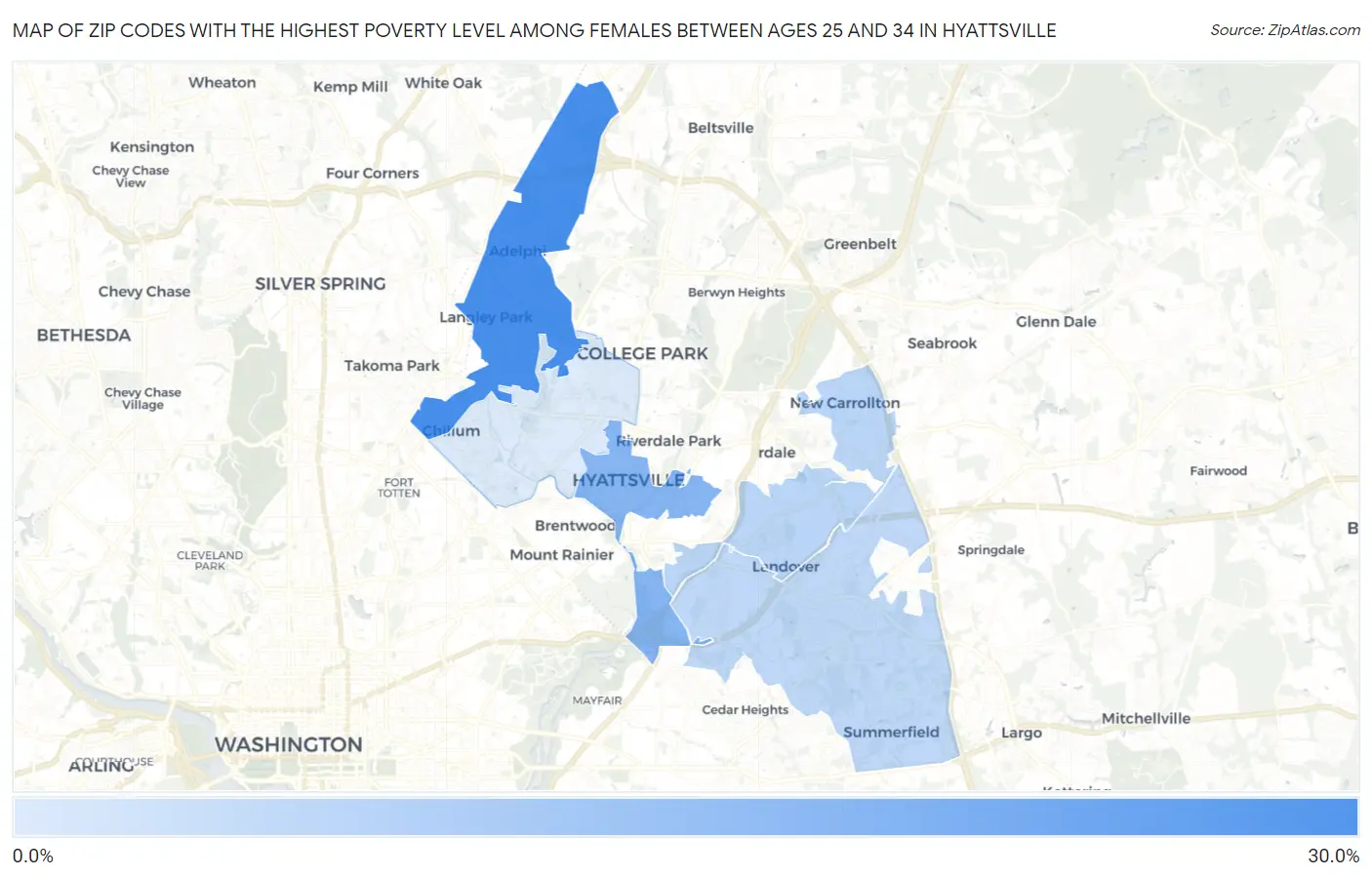 Zip Codes with the Highest Poverty Level Among Females Between Ages 25 and 34 in Hyattsville Map