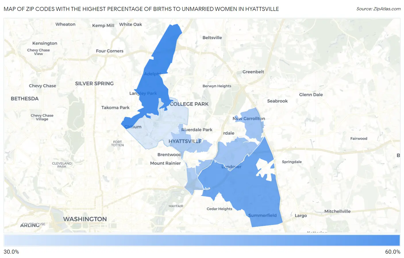 Zip Codes with the Highest Percentage of Births to Unmarried Women in Hyattsville Map
