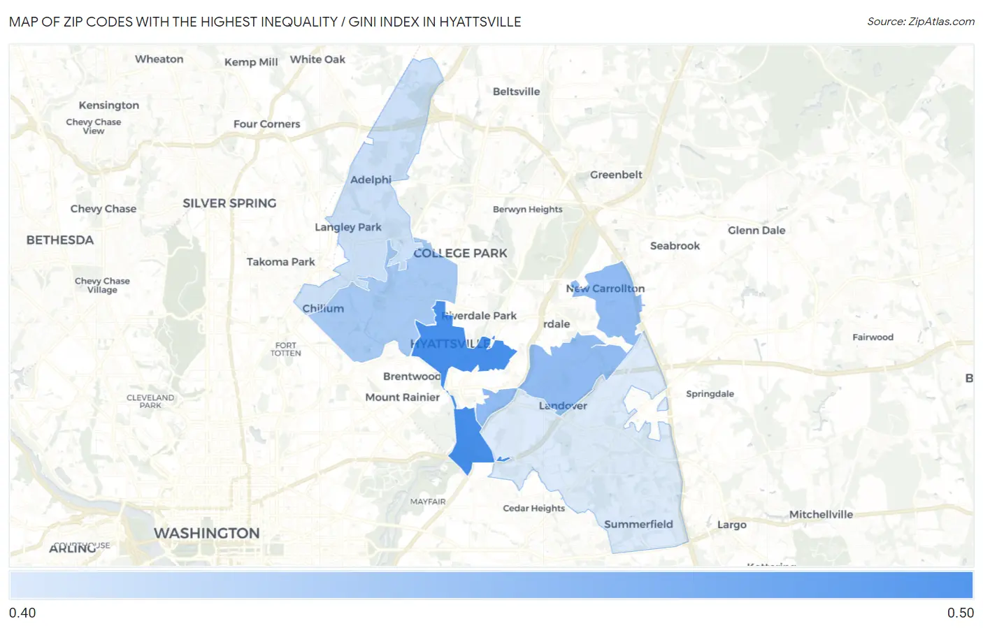 Zip Codes with the Highest Inequality / Gini Index in Hyattsville Map
