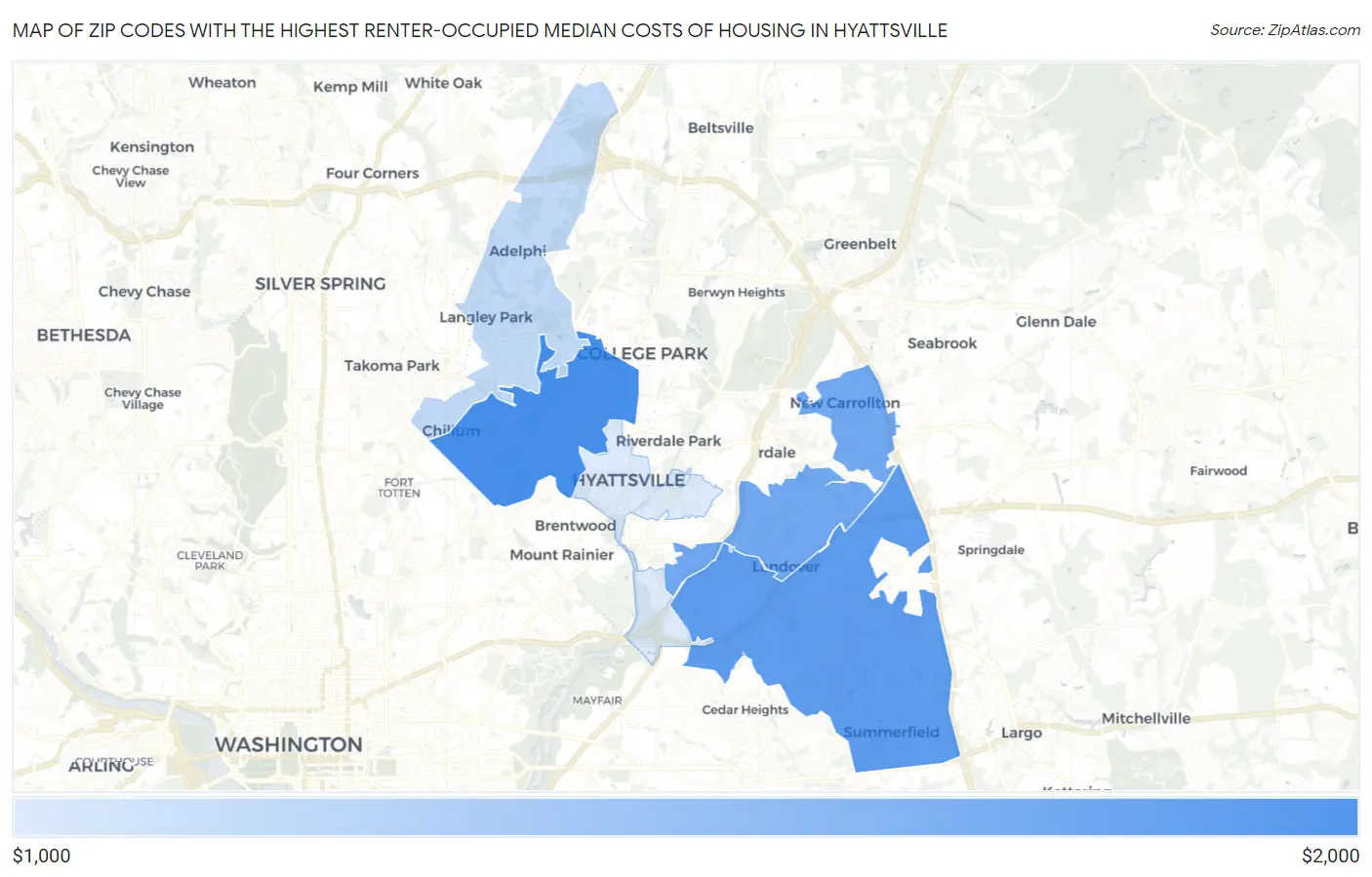 Zip Codes with the Highest Renter-Occupied Median Costs of Housing in Hyattsville Map