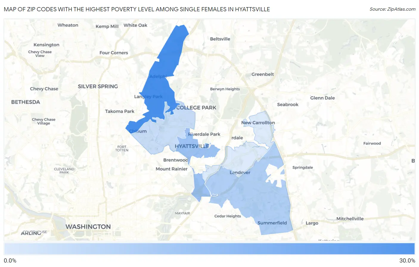 Zip Codes with the Highest Poverty Level Among Single Females in Hyattsville Map