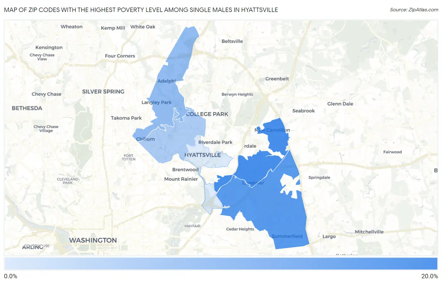 Zip Codes with the Highest Poverty Level Among Single Males in Hyattsville Map