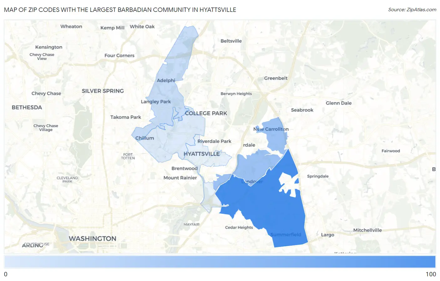 Zip Codes with the Largest Barbadian Community in Hyattsville Map
