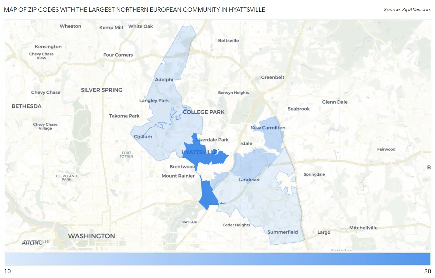 Zip Codes with the Largest Northern European Community in Hyattsville Map
